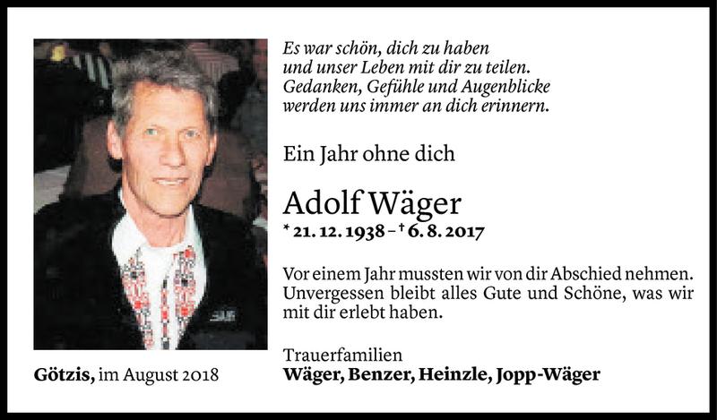  Todesanzeige für Adolf Wäger vom 03.08.2018 aus Vorarlberger Nachrichten