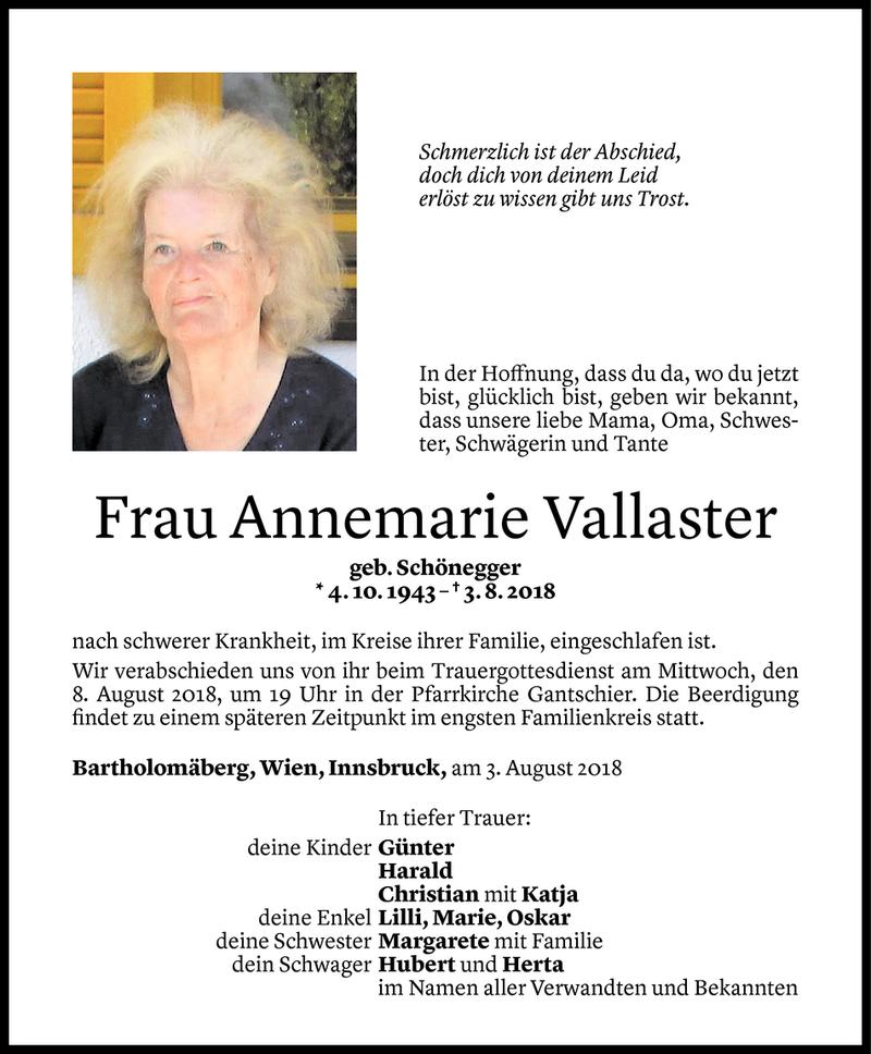  Todesanzeige für Annemarie Vallaster vom 05.08.2018 aus Vorarlberger Nachrichten
