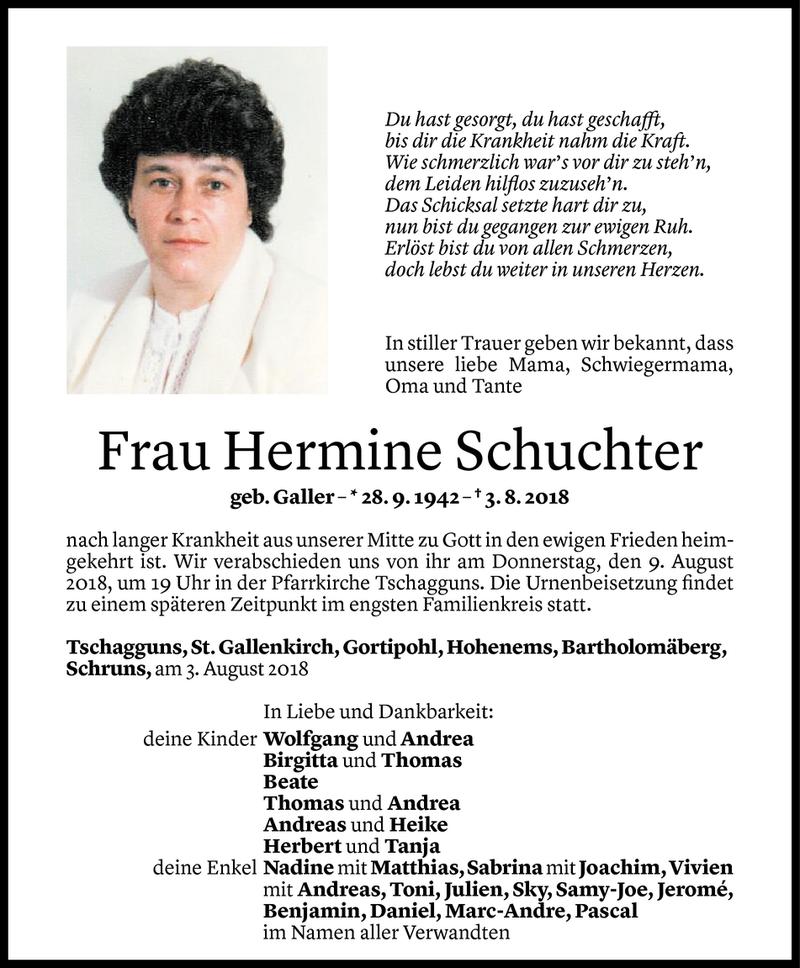  Todesanzeige für Hermine Schuchter vom 06.08.2018 aus Vorarlberger Nachrichten