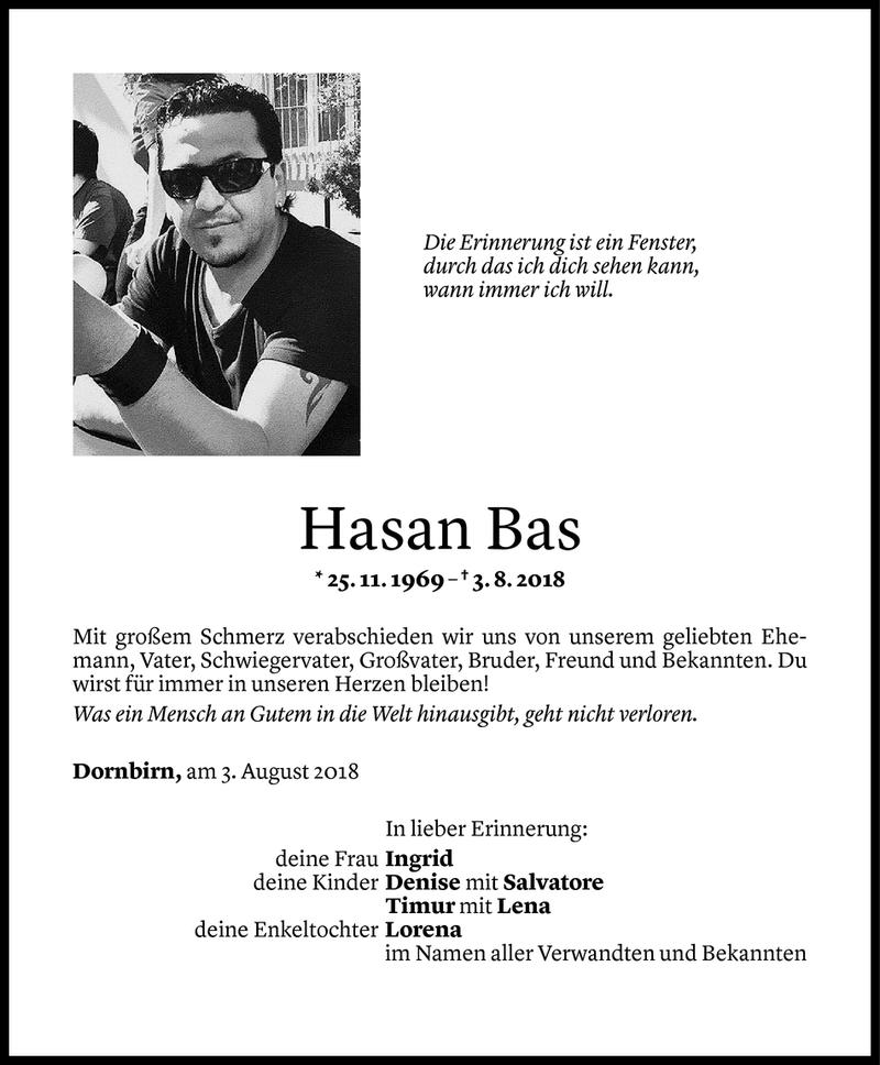  Todesanzeige für Hasan Bas vom 07.08.2018 aus Vorarlberger Nachrichten