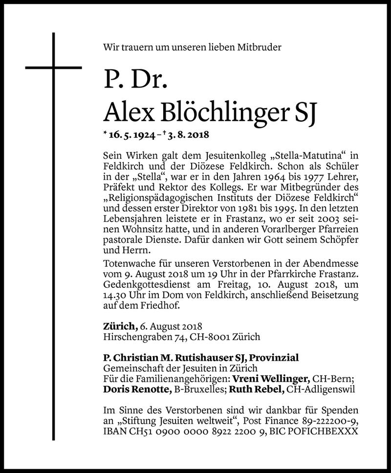  Todesanzeige für Alex Blöchlinger vom 06.08.2018 aus Vorarlberger Nachrichten