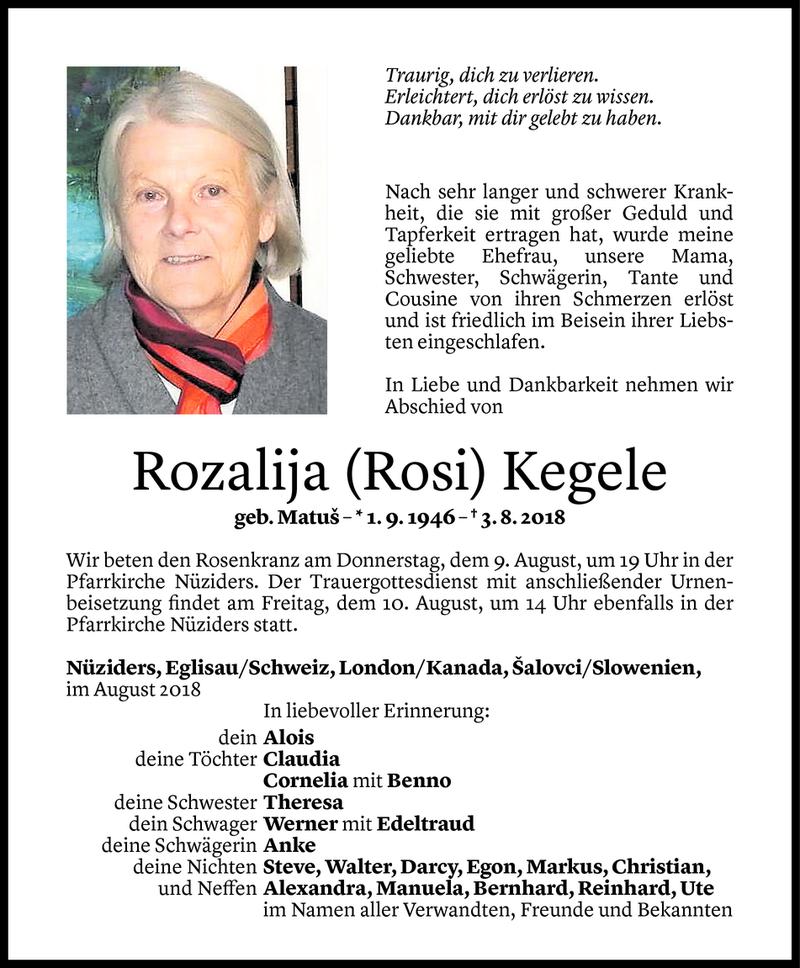  Todesanzeige für Rozalija Kegele vom 08.08.2018 aus Vorarlberger Nachrichten