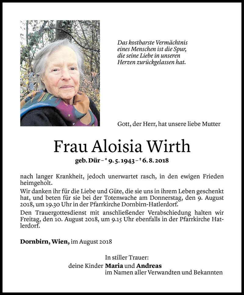  Todesanzeige für Aloisia Wirth vom 07.08.2018 aus Vorarlberger Nachrichten