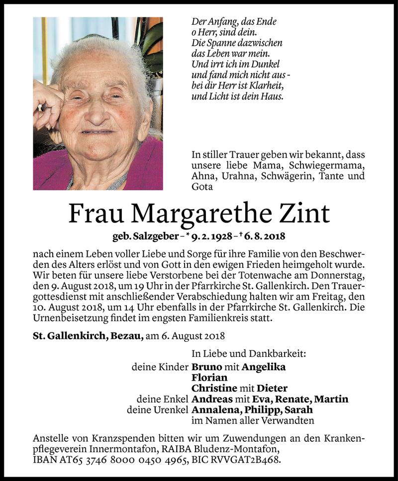  Todesanzeige für Margarethe Zint vom 07.08.2018 aus Vorarlberger Nachrichten
