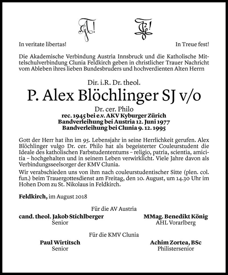  Todesanzeige für Alex Blöchlinger vom 07.08.2018 aus Vorarlberger Nachrichten