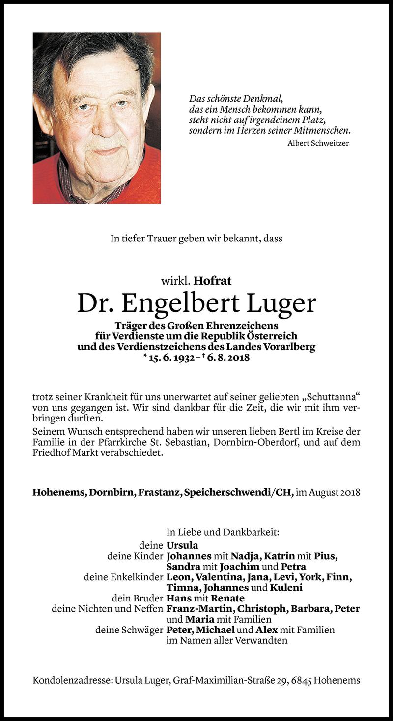  Todesanzeige für Engelbert Luger vom 11.08.2018 aus Vorarlberger Nachrichten