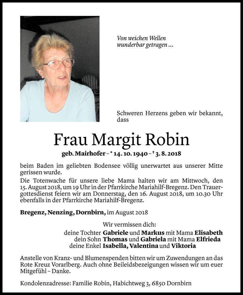  Todesanzeige für Margit Robin vom 10.08.2018 aus Vorarlberger Nachrichten