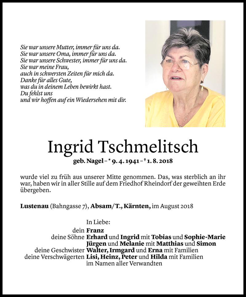  Todesanzeige für Ingrid Tschmelitsch vom 20.08.2018 aus Vorarlberger Nachrichten