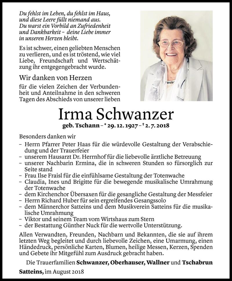  Todesanzeige für Irma Schwanzer vom 21.08.2018 aus Vorarlberger Nachrichten