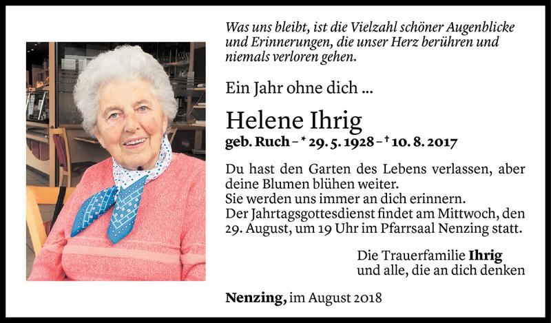  Todesanzeige für Helene Ihrig vom 22.08.2018 aus Vorarlberger Nachrichten