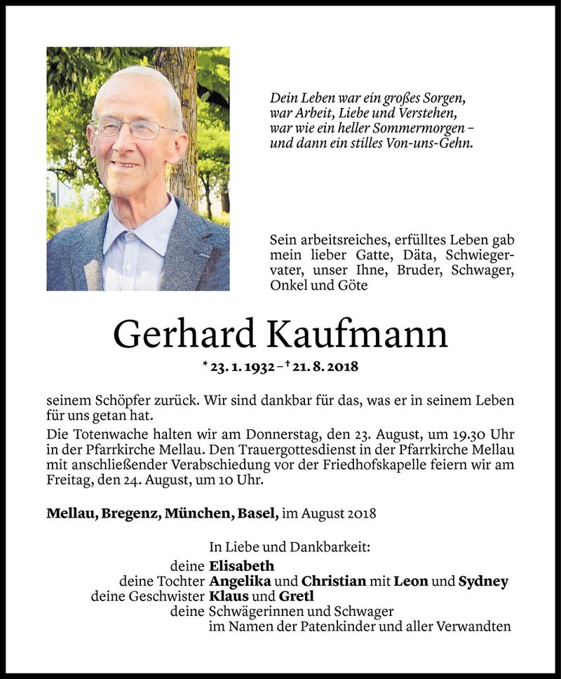  Todesanzeige für Gerhard Kaufmann vom 22.08.2018 aus Vorarlberger Nachrichten