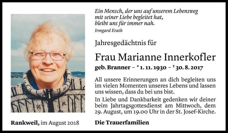  Todesanzeige für Marianne Innerkofler vom 27.08.2018 aus Vorarlberger Nachrichten