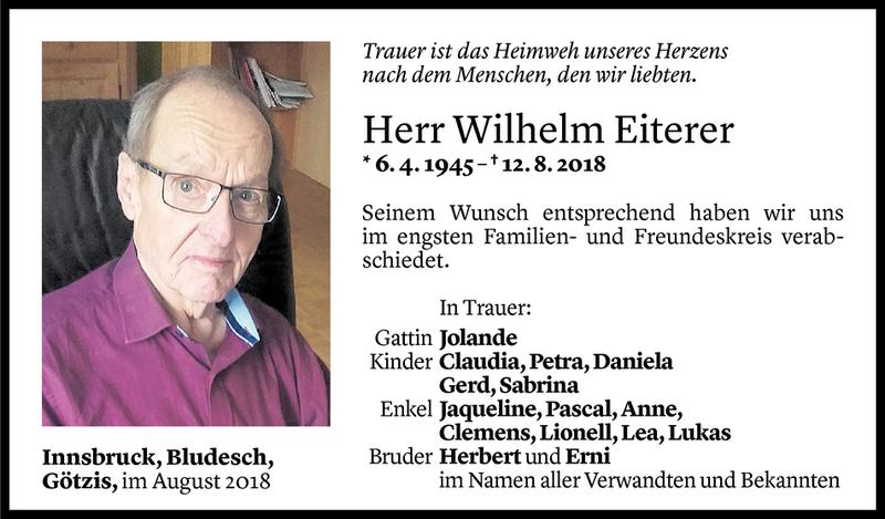  Todesanzeige für Wilhelm Eiterer vom 25.08.2018 aus Vorarlberger Nachrichten