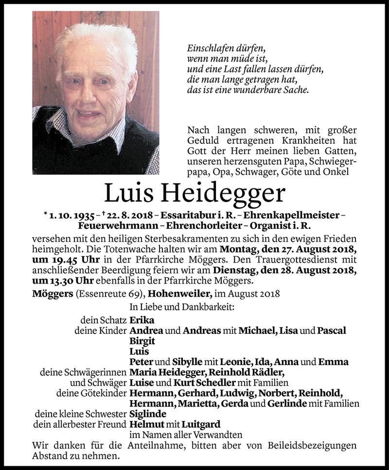  Todesanzeige für Luis Heidegger vom 24.08.2018 aus Vorarlberger Nachrichten
