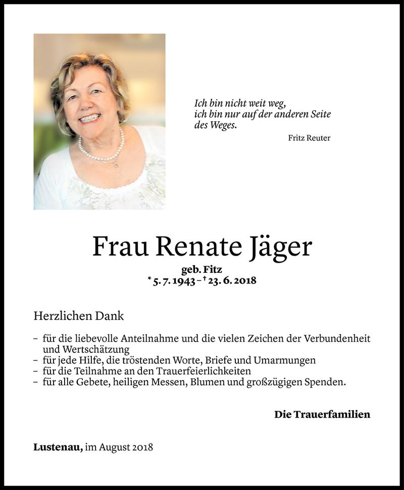  Todesanzeige für Renate Jäger vom 27.08.2018 aus Vorarlberger Nachrichten