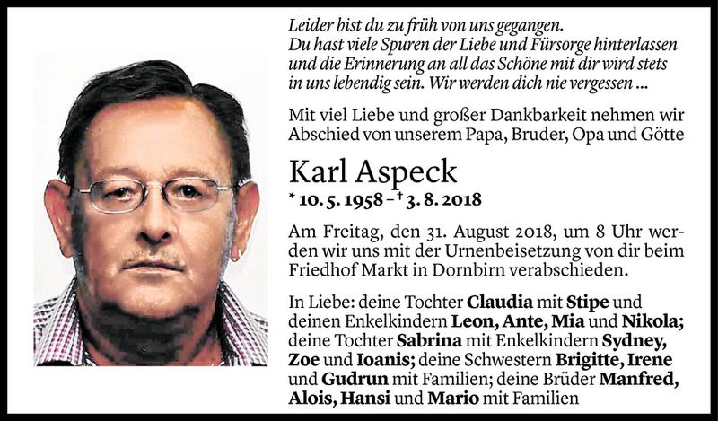  Todesanzeige für Karl Aspeck vom 28.08.2018 aus Vorarlberger Nachrichten