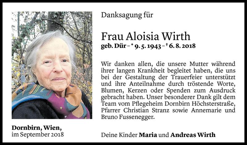  Todesanzeige für Aloisia Wirth vom 03.09.2018 aus Vorarlberger Nachrichten
