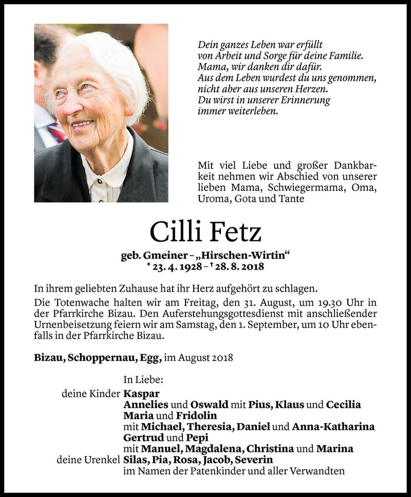  Todesanzeige für Cilli Fetz vom 29.08.2018 aus Vorarlberger Nachrichten