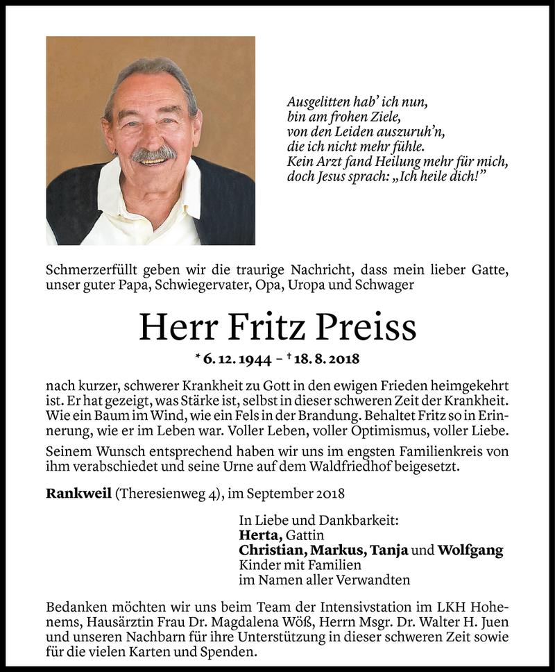  Todesanzeige für Fritz Preiss vom 01.09.2018 aus Vorarlberger Nachrichten
