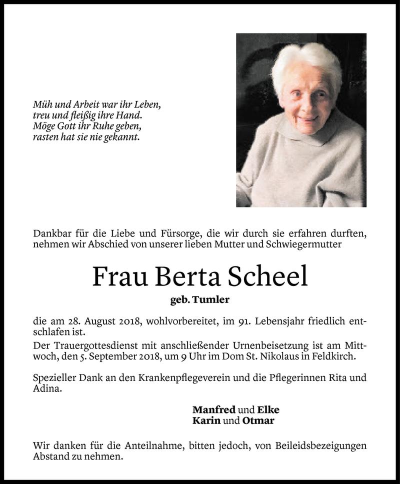  Todesanzeige für Berta Scheel vom 31.08.2018 aus Vorarlberger Nachrichten