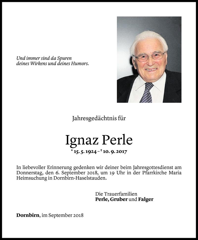 Todesanzeige für Ignaz Perle vom 02.09.2018 aus Vorarlberger Nachrichten