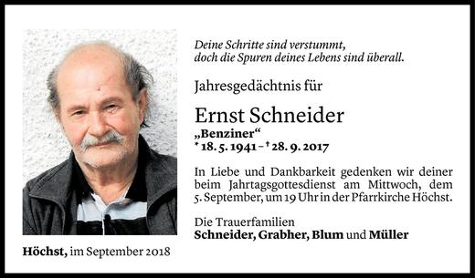 Todesanzeige von Ernst Schneider von Vorarlberger Nachrichten