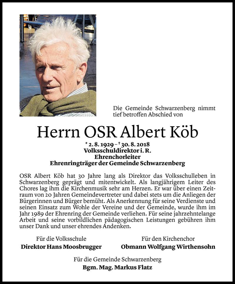  Todesanzeige für Albert Köb vom 02.09.2018 aus Vorarlberger Nachrichten