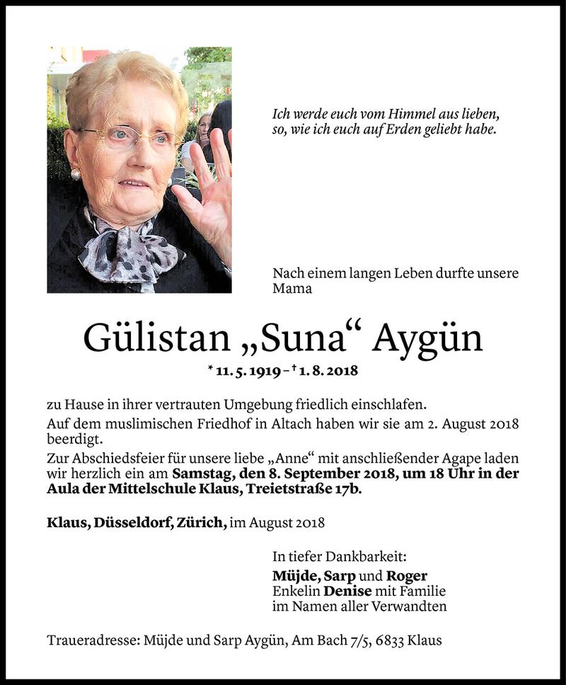  Todesanzeige für Gülistan Aygün vom 03.09.2018 aus Vorarlberger Nachrichten