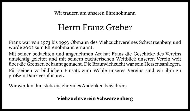  Todesanzeige für Franz Greber vom 04.09.2018 aus Vorarlberger Nachrichten