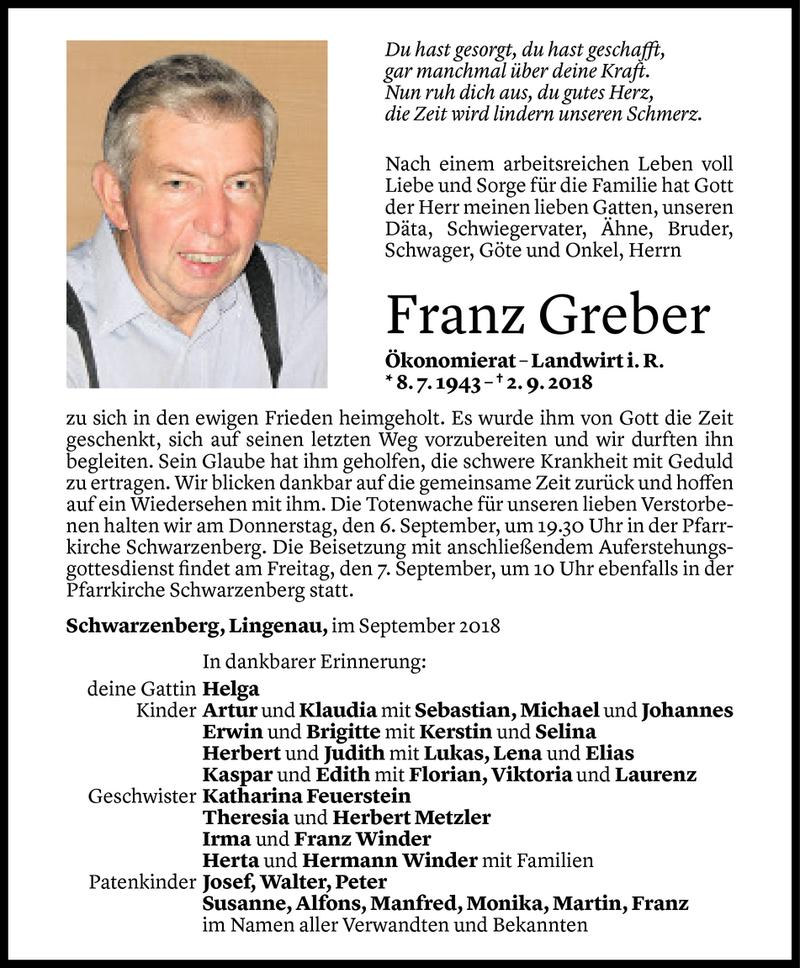  Todesanzeige für Franz Greber vom 04.09.2018 aus Vorarlberger Nachrichten