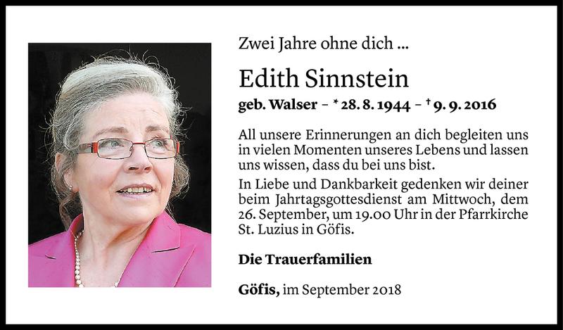  Todesanzeige für Edith Sinnstein vom 08.09.2018 aus Vorarlberger Nachrichten