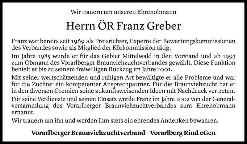  Todesanzeige für Franz Greber vom 05.09.2018 aus Vorarlberger Nachrichten