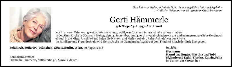  Todesanzeige für Gerti Hämmerle vom 07.09.2018 aus Vorarlberger Nachrichten