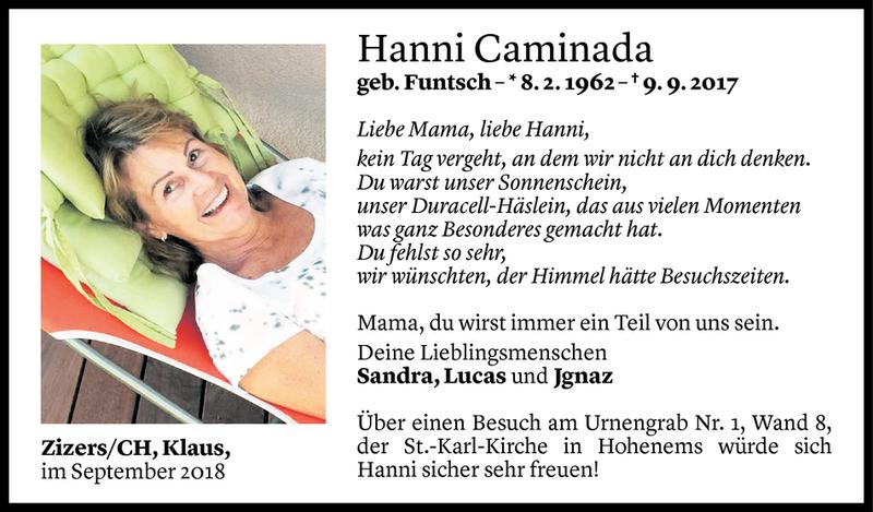  Todesanzeige für Hanni Caminada vom 07.09.2018 aus Vorarlberger Nachrichten