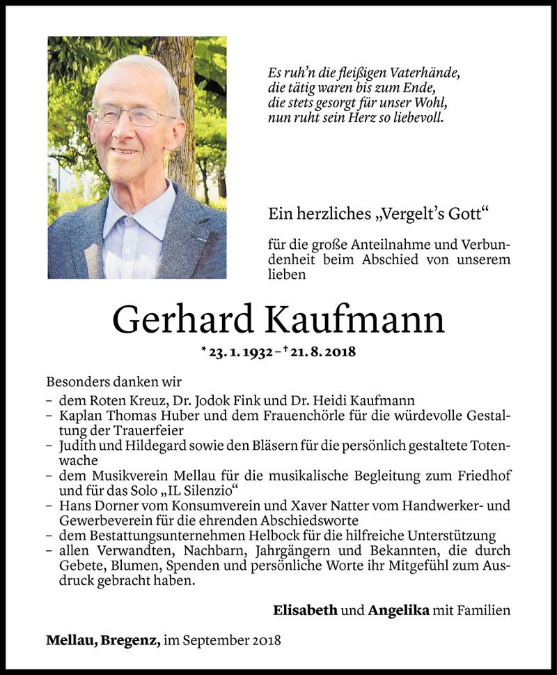  Todesanzeige für Gerhard Kaufmann vom 10.09.2018 aus Vorarlberger Nachrichten