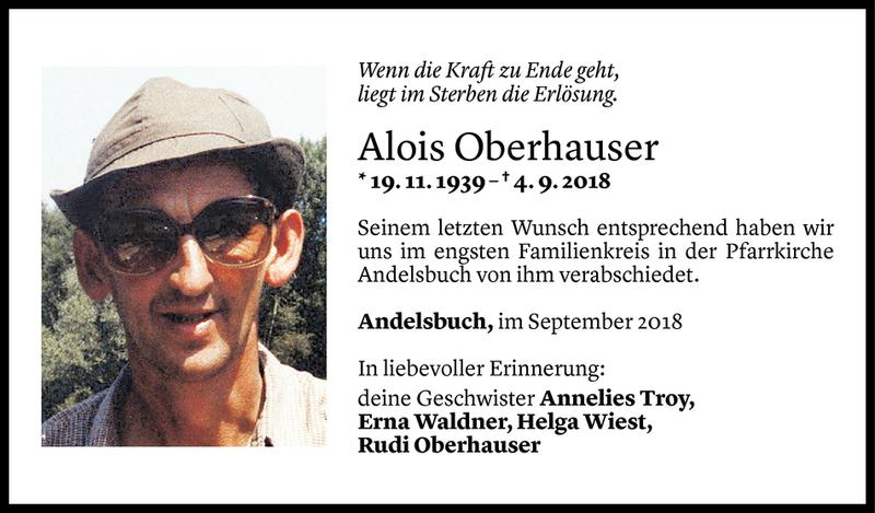  Todesanzeige für Alois Oberhauser vom 13.09.2018 aus Vorarlberger Nachrichten