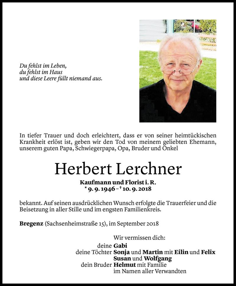  Todesanzeige für Herbert Lerchner vom 15.09.2018 aus Vorarlberger Nachrichten