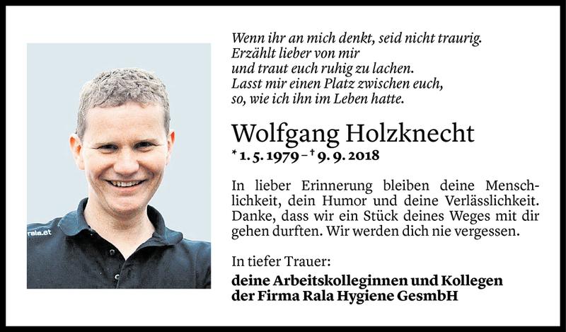  Todesanzeige für Wolfgang Holzknecht vom 15.09.2018 aus Vorarlberger Nachrichten