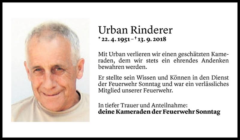  Todesanzeige für Urban Rinderer vom 14.09.2018 aus Vorarlberger Nachrichten