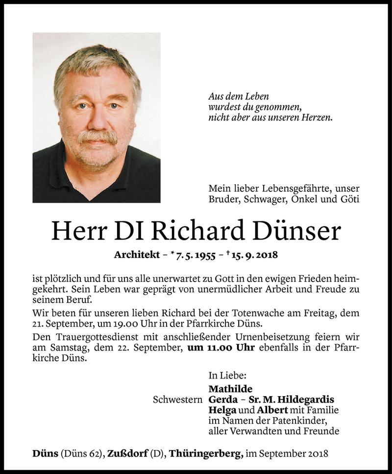  Todesanzeige für Richard Dünser vom 19.09.2018 aus Vorarlberger Nachrichten