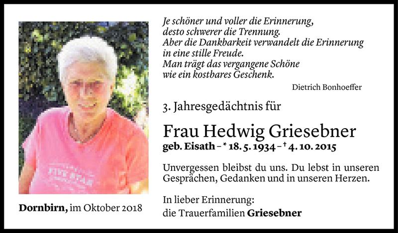  Todesanzeige für Hedwig Griesebner vom 03.10.2018 aus Vorarlberger Nachrichten