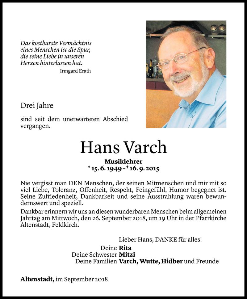  Todesanzeige für Hans Varch vom 21.09.2018 aus Vorarlberger Nachrichten