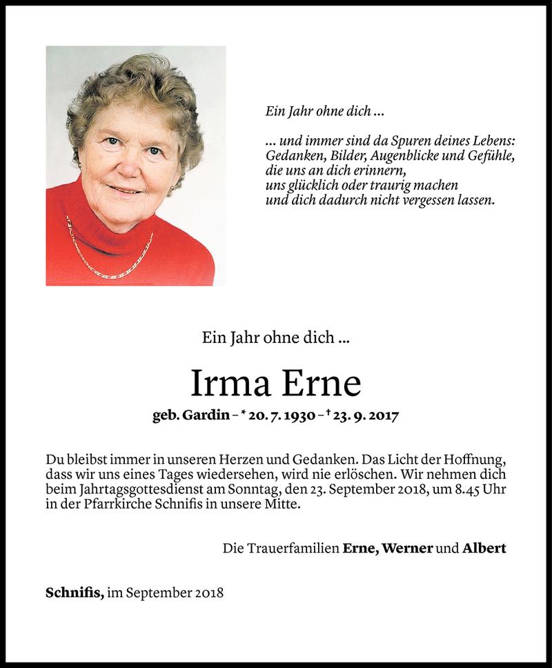  Todesanzeige für Irma Erne vom 21.09.2018 aus Vorarlberger Nachrichten