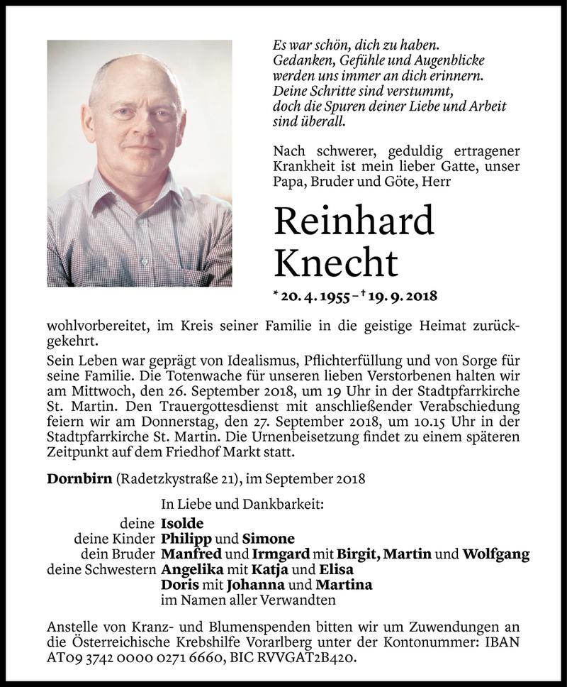  Todesanzeige für Reinhard Knecht vom 21.09.2018 aus Vorarlberger Nachrichten