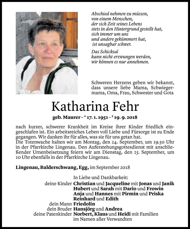  Todesanzeige für Katharina Fehr vom 21.09.2018 aus Vorarlberger Nachrichten