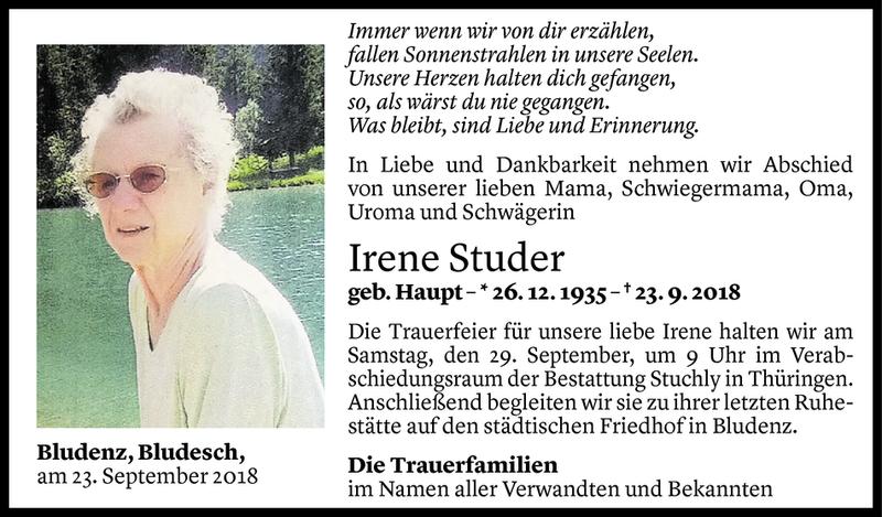  Todesanzeige für Irene Studer vom 25.09.2018 aus Vorarlberger Nachrichten