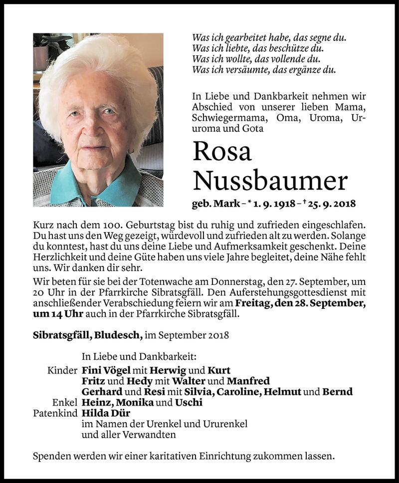 Todesanzeigen von Rosa Nussbaumer | Todesanzeigen Vorarlberger Nachrichten