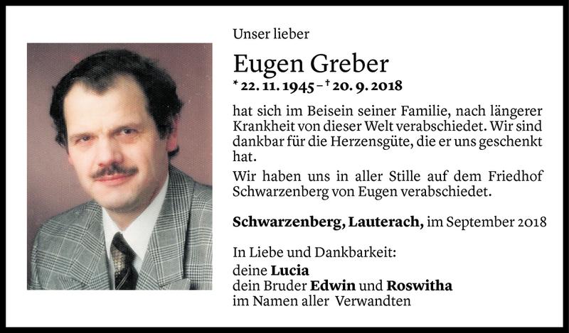  Todesanzeige für Eugen Greber vom 29.09.2018 aus Vorarlberger Nachrichten