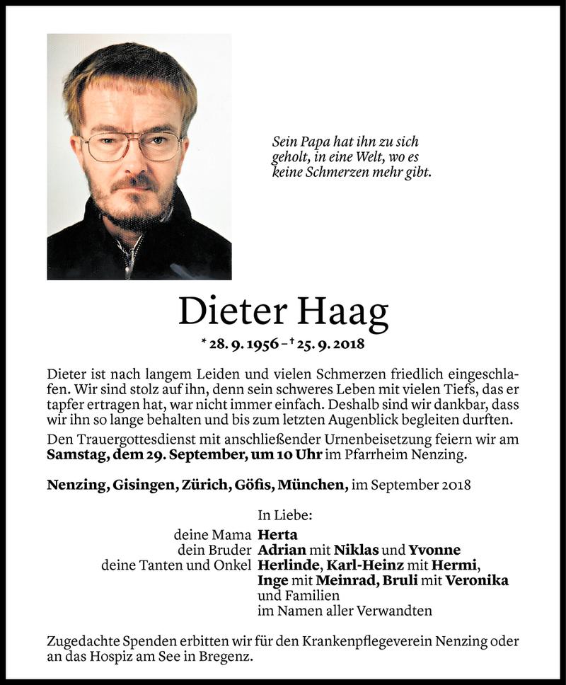 Todesanzeige für Dieter Haag vom 27.09.2018 aus Vorarlberger Nachrichten