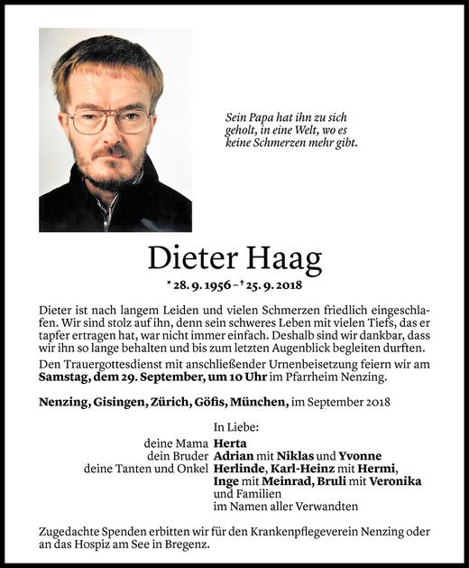Todesanzeige von Dieter Haag von Vorarlberger Nachrichten